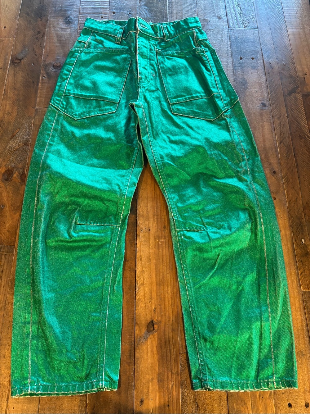 Free People Moxie Barrel Shimmering Emerald Cropped Jeans